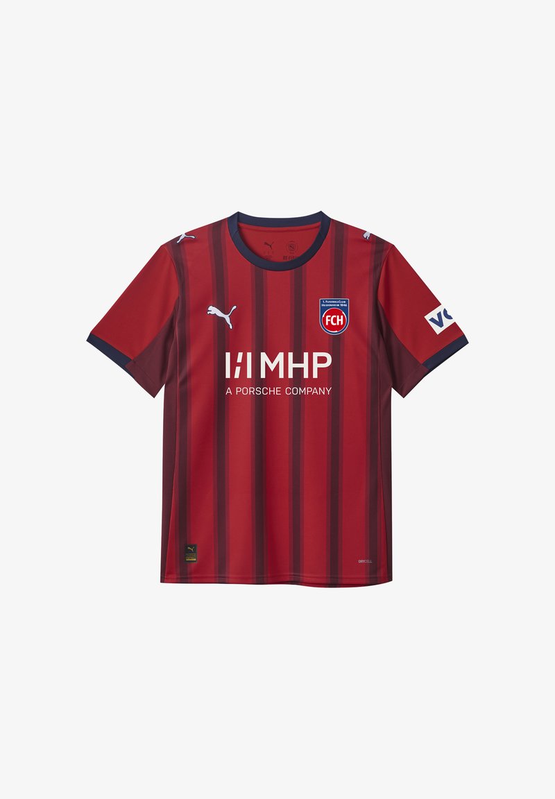 Maillot de football à manches courtes rayé rouge et rouge foncé, avec un col rond, logo Puma sur l'épaule et logos de sponsors sur la poitrine et les manches.