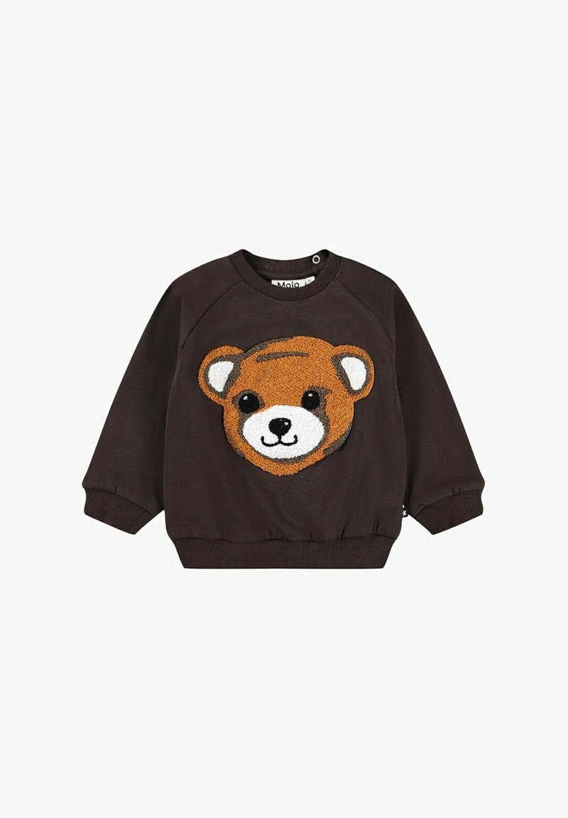 Sudadera marrón oscuro con un gráfico de cara de oso de peluche en naranja y blanco, con puños y dobladillo acanalados y un escote redondo.