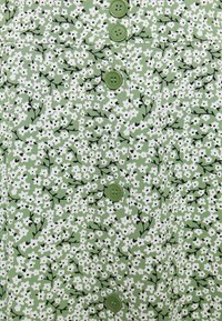 Nahaufnahme eines grünen Stoffes mit weißem Blumenmuster, schwarzen Stielen und sechs vertikal angeordneten grünen Knöpfen.