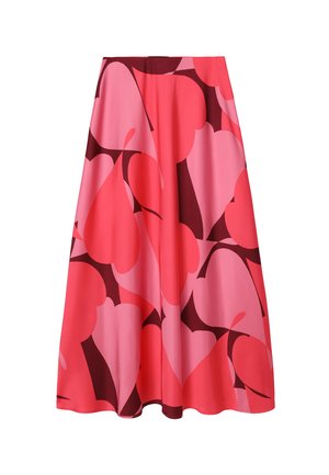 Pink nederdel med et stort abstrakt mønster i mørkere røde og pink nuancer. Lavet af blødt stof med et skørt, udvidet design.