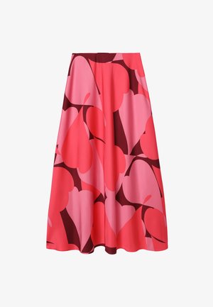 Pink nederdel med et stort abstrakt mønster i mørkere røde og pink nuancer. Lavet af blødt stof med et skørt, udvidet design.