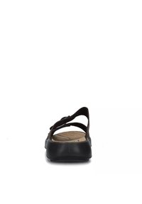 Sandalo nero con apertura sul retro e cinturini incrociati, dotato di una soletta imbottita e una suola in gomma testurizzata, progettato per il comfort.