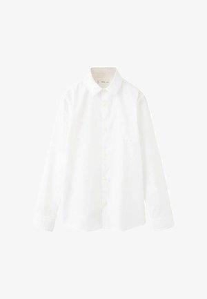 White long-sleeve button-up shirt with collar, plain design, and buttoned cuffs, displayed on a white background.