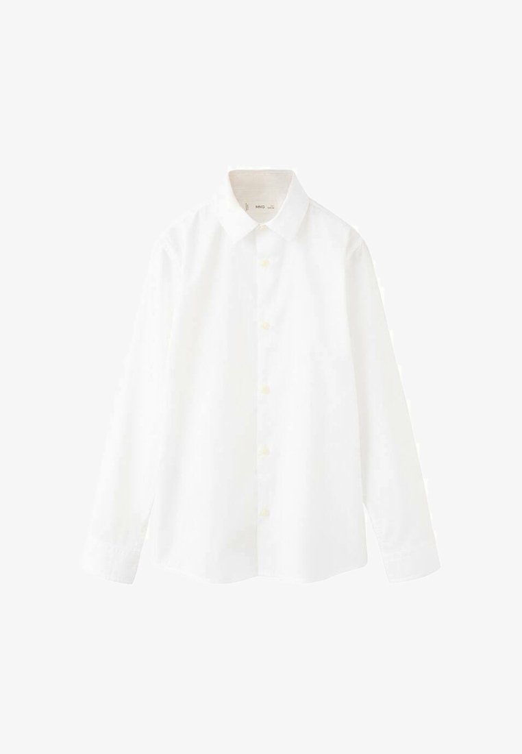 Chemise blanche à manches longues avec col boutonné, design uni, et poignets boutonnés, présentée sur un fond blanc.