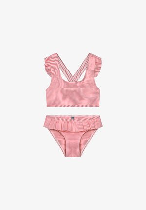 Striped two-piece swimsuit in coral and white, featuring a ruffled bikini bottom and a cropped top with crisscross straps and flutter sleeves.