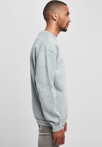 Felpa azzurro chiaro con scollatura a girocollo a costine, maniche lunghe e orlo a coste. Materiale morbido, vestibilità rilassata, cuciture minime sulle spalle.