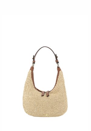 Geflochtene beige Umhängetasche mit braunem Lederbesatz und verstellbarem Riemen, mit gebogenem Boden und dezentem Verschluss.