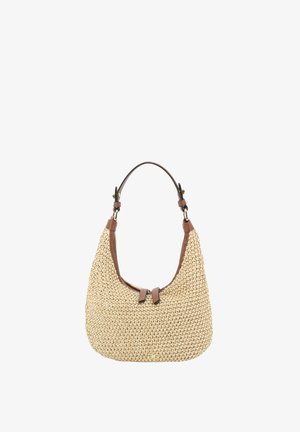 Woven beige shoulder bag with brown leather trim and adjustable strap, featuring a curved bottom and subtle clasp closure.