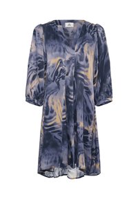 Námořnická a béžová tie-dye midi šaty s tříčtvrtečními balónovými rukávy a výstřihem do V, vyrobené z lehkého, splývavého materiálu.