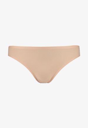 Nude-colored bikini briefs made from smooth, stretchy fabric. Features a low-rise design and minimal coverage with a seamless finish.