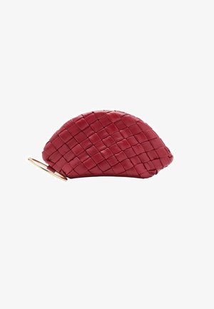 Red woven leather clutch with a rounded shape, featuring a gold hardware ring. Smooth texture and intricate pattern across the surface.