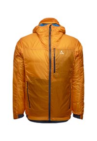 Orange-isolierte Jacke mit Kapuze, ausgestattet mit einem blauen Innenfutter, einem Frontreißverschluss und Seitentaschen mit kontrastierenden schwarzen Akzenten.