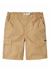 Shorts cargo beiges avec une taille élastique, deux poches latérales et une poche à rabat sur la jambe droite. Fabriqués en tissu léger.