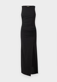 Melna bezpiedurkņu maksi kleita ar savilktām detaļām pie krūšu daļas un augstu šķēlumu vienā pusē. Izgatavota no gluda, elastīga auduma.