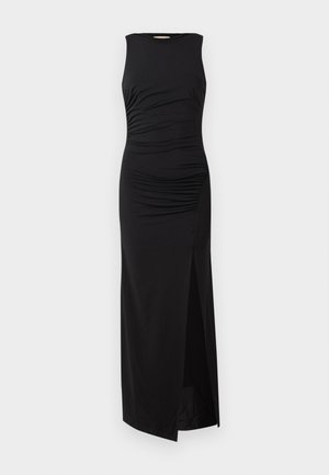 Sorte, ærmeløs maxi kjole med rynkning ved bodicen og høy splitt på den ene siden. Laget av glatt, elastisk stoff.