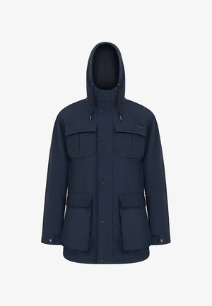 Granatowa kurtka z kapturem, zapinana z przodu na zatrzaski, z czterema dużymi kieszeniami z patkami oraz regulowanymi sznurkami kaptura.
