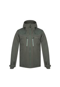 Voděodolná bunda v tmavě olivově zelené barvě, s kapucí, dvěma zipovými předními kapsami, nastavitelnými manžetami a kontrastními světlejšími akcenty.