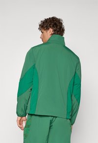Grüne Jacke mit hohem Kragen, ausgestattet mit kontrastierenden Paneelen und einer glatten Textur. Details umfassen genähte Nähte und ein leicht geometrisches Design.