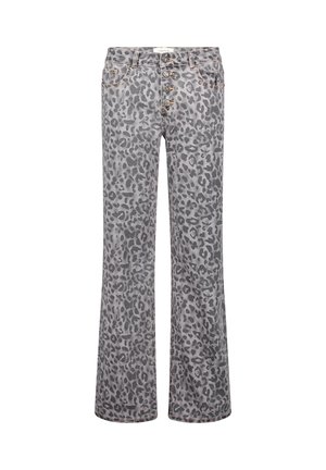 Szare dżinsy z wysokim stanem w czarny wzór w panterkę, zapinane na guziki, z kieszeniami z przodu i z tyłu oraz prostymi nogawkami.