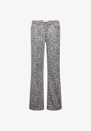 Graue High-Waist-Jeans mit schwarzem Leopardenmuster, Knopfleiste, Front- und Gesäßtaschen sowie geradem Bein.