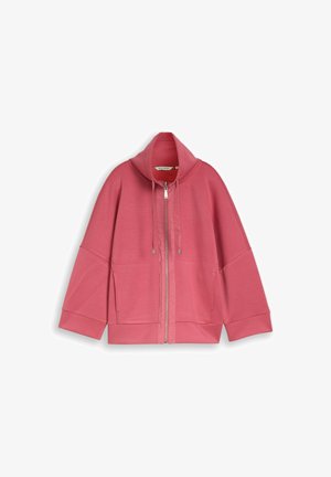 Rosa Zip-Hoodie mit großen Ärmeln, Kordelzugkapuze, Taschen vorne und gerippten Bündchen und Saum, auf weißem Hintergrund dargestellt.