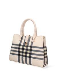 Borsa beige con una forma strutturata, caratterizzata da strisce orizzontali e verticali grigio scuro e gialle. Accenti in hardware dorato e chiusura con zip.