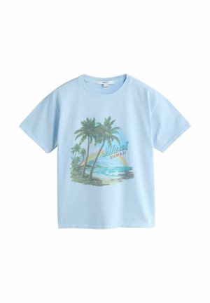 Light blue short-sleeve T-shirt with palm trees, ocean waves, and the text "Maui Hawaii" printed on the front.