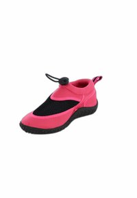 Rosa Wasserschuhe mit einem schwarzen Mesh-Obermaterial, strukturierten Gummisohlen und einem elastischen Zugband zur Anpassung. Auffällige rosa Verzierungen entlang der oberen Kante.