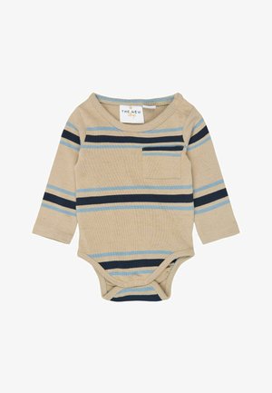 Body beige à manches longues pour bébé avec des rayures horizontales bleues et marine, une poche poitrine et des boutons pression à l'épaule et à l'entrejambe.