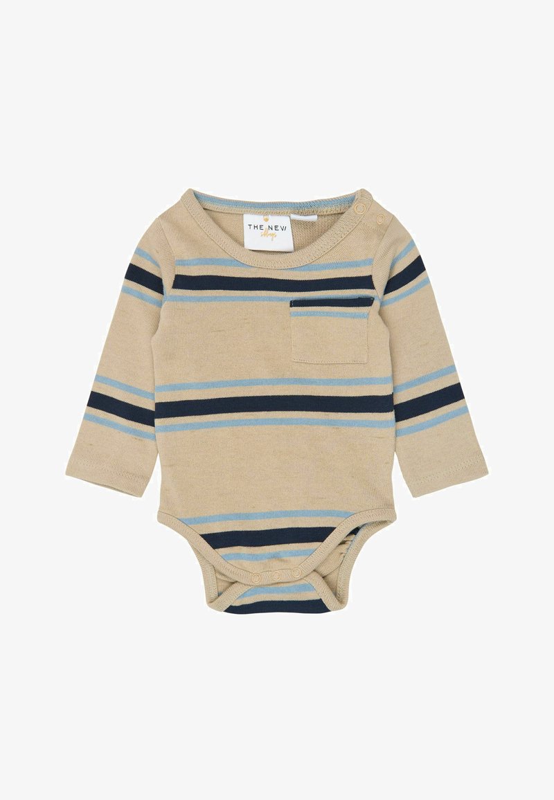 Body beige à manches longues pour bébé avec des rayures horizontales bleues et marine, une poche poitrine et des boutons pression à l'épaule et à l'entrejambe.
