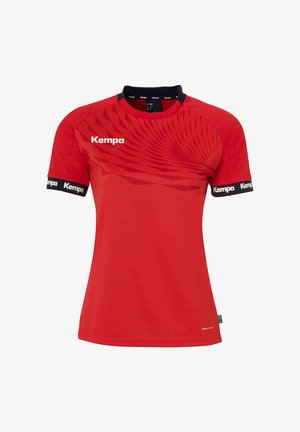 Rode sport t-shirt met korte mouwen, voorzien van een spiraalpatroon, zwarte kraag en boorden. "Kempa" logo op de voorkant en de mouwen.