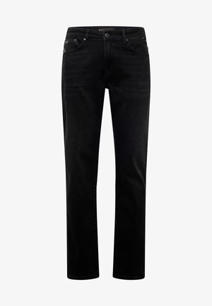 Jeans in denim nero con un design a gamba dritta, stile a cinque tasche e dettagli di cucitura sottili. Il tessuto ha una finitura liscia e leggermente strutturata.