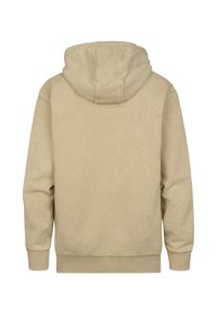 Sweat à capuche beige, tissu doux, coupe décontractée, poignets et ourlet côtelés, détails de couture visibles, design simple sans accents supplémentaires.