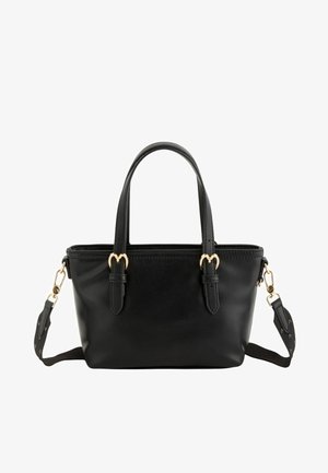 Bolso de mano de cuero negro con doble asa superior, correa para el hombro ajustable y desmontable, y detalles de hebillas en tono dorado en las asas.