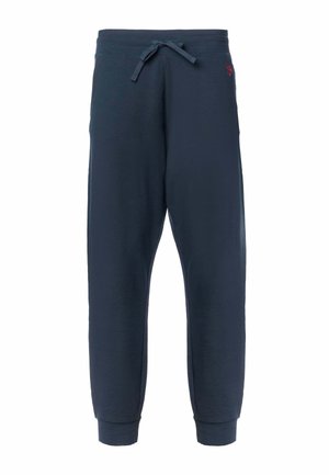 Pantaloni jogging blu navy con vita elastica, coulisse, polsini alle caviglie e piccolo logo rosso sull'anca sinistra.