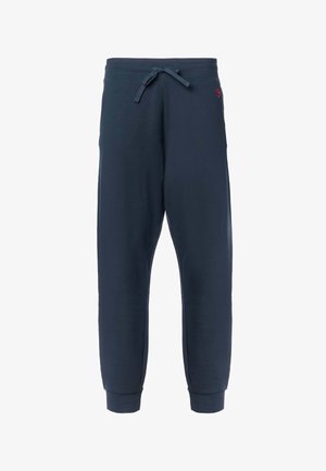 Pantaloni jogging blu navy con vita elastica, coulisse, polsini alle caviglie e piccolo logo rosso sull'anca sinistra.