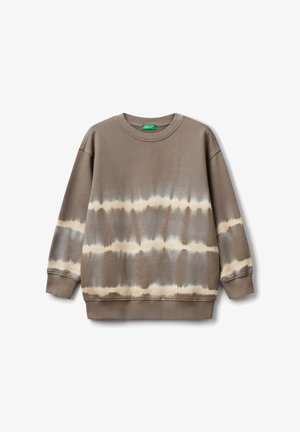 Sudadera marrón con diseño tie-dye, de manga larga, puños y dobladillo acanalados, con rayas beige más claras en el pecho y la parte media.