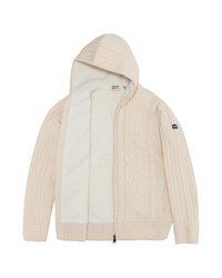 Felpa con zip beige, caratterizzata da un motivo a coste e a treccia testurizzato, foderata in morbido pile bianco. Presenta un cappuccio e polsini aderenti.