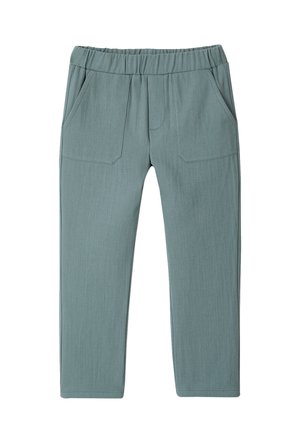 Children's light blue elastic-waist pants with front patch pockets and straight legs, displayed flat against a white background.