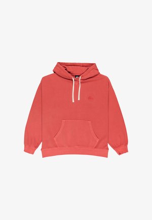 Korallinvärinen huppari, joka on valmistettu pehmeästä kankaasta. Siinä on etutasku, nyörillinen huppu ja pieni logo rinnassa. Hihansuut ja helma on resorilla.