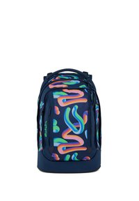 Zaino blu scuro con motivi astratti colorati a neon e più scomparti con cerniera.