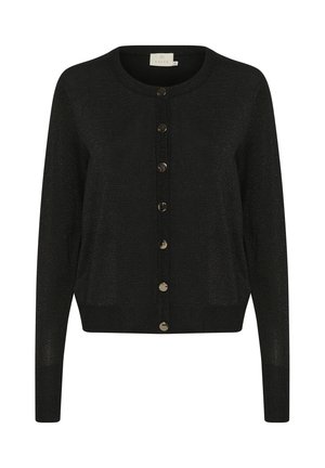 Zwarte cardigan gemaakt van een textuurrijke, sprankelende stof, met een ronde halslijn, lange mouwen en een knoopsluiting met metalen knopen.