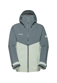 Herregrå og lysegrøn Gore-Tex-jakke med hætte, lynlås foran og justerbare manchetter med logo detaljer på ærmer og bryst.