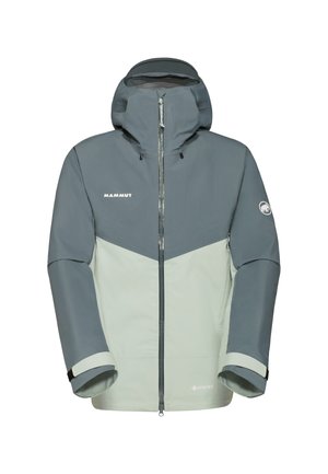 Veste Gore-Tex pour homme gris et vert clair avec capuche, fermeture éclair à l'avant et poignets ajustables, ornée de logos sur les manches et la poitrine.