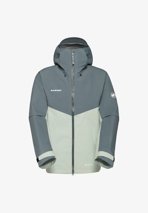 Heren grijze en lichtgroene Gore-Tex jas met een capuchon, ritssluiting aan de voorkant en verstelbare manchetten, versierd met logoaccenten op de mouwen en op de borst.