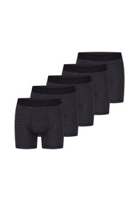 Vijf paar zwarte boxershorts met een nauwsluitende pasvorm, met een zachte elastische tailleband en een subtiele geribde textuur over de stof.