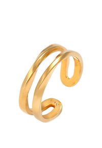 Goldfarbener Metallring mit doppeltem Banddesign, der durch glatte, geschwungene Linien und eine offene Rückstruktur für anpassbare Größen besticht.