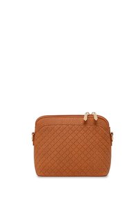 Brown textured leather bag with a diamond pattern, featuring gold-tone zippers, dual compartments, and a rectangular shape.