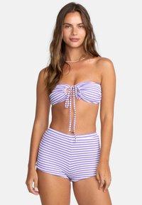 Striped two-piece bikini in purple and white, featuring a bandeau top with a front tie detail and high-waisted bottom. Smooth fabric texture.