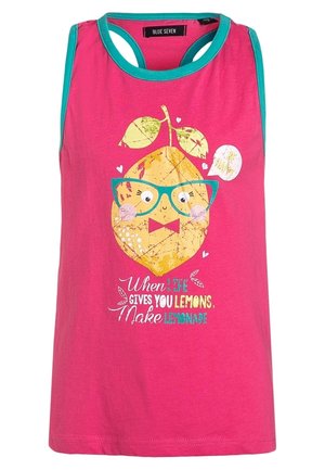 Haut sans manches rose avec bordure turquoise et un citron souriant portant des lunettes turquoise et un nœud papillon rouge, avec le texte « Quand la vie te donne des citrons, fais de la limonade. »